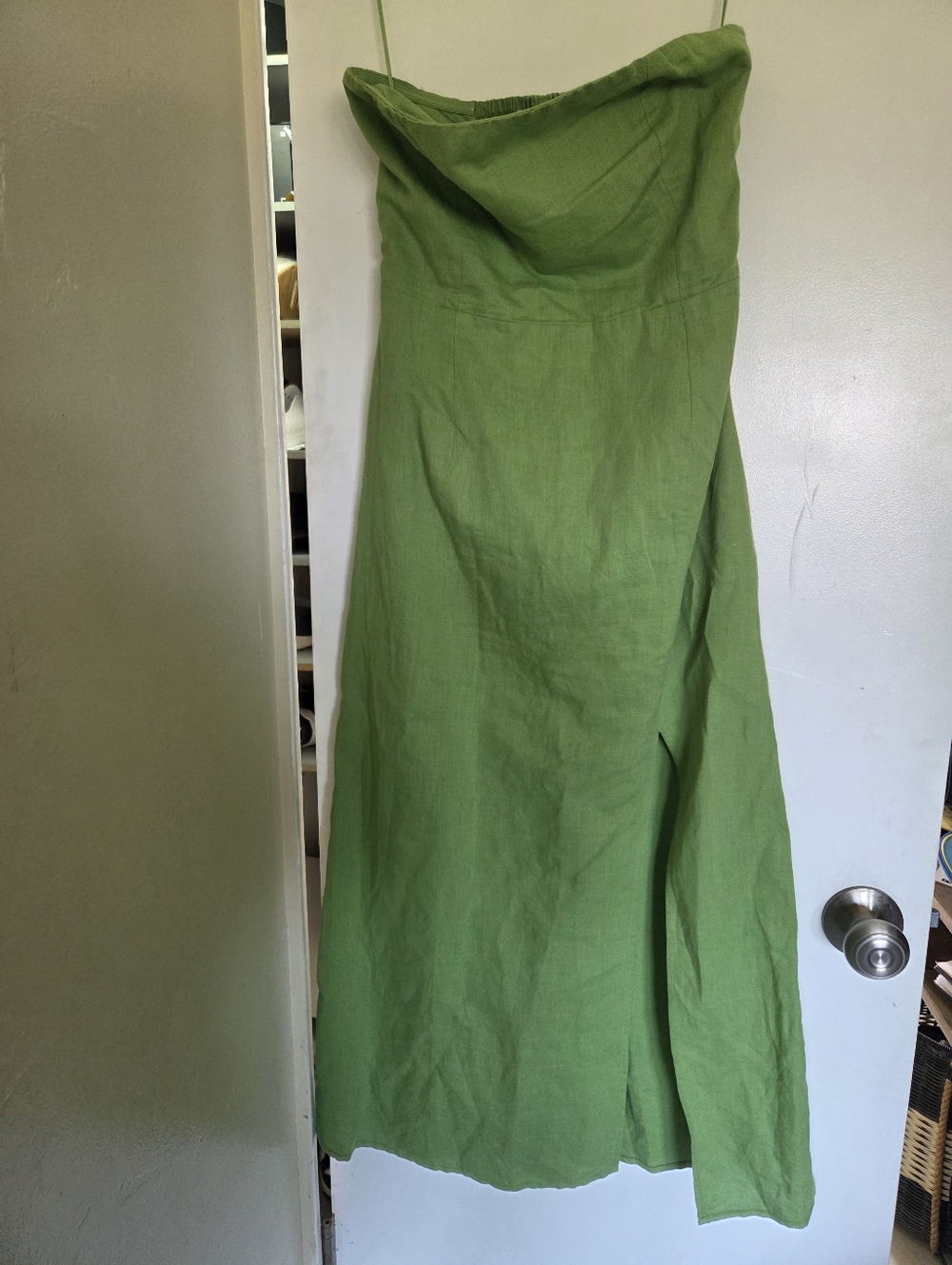 Lost + Wander Linen Strapless Green Midi Dress with Side Slit - Picture 2 of 5
